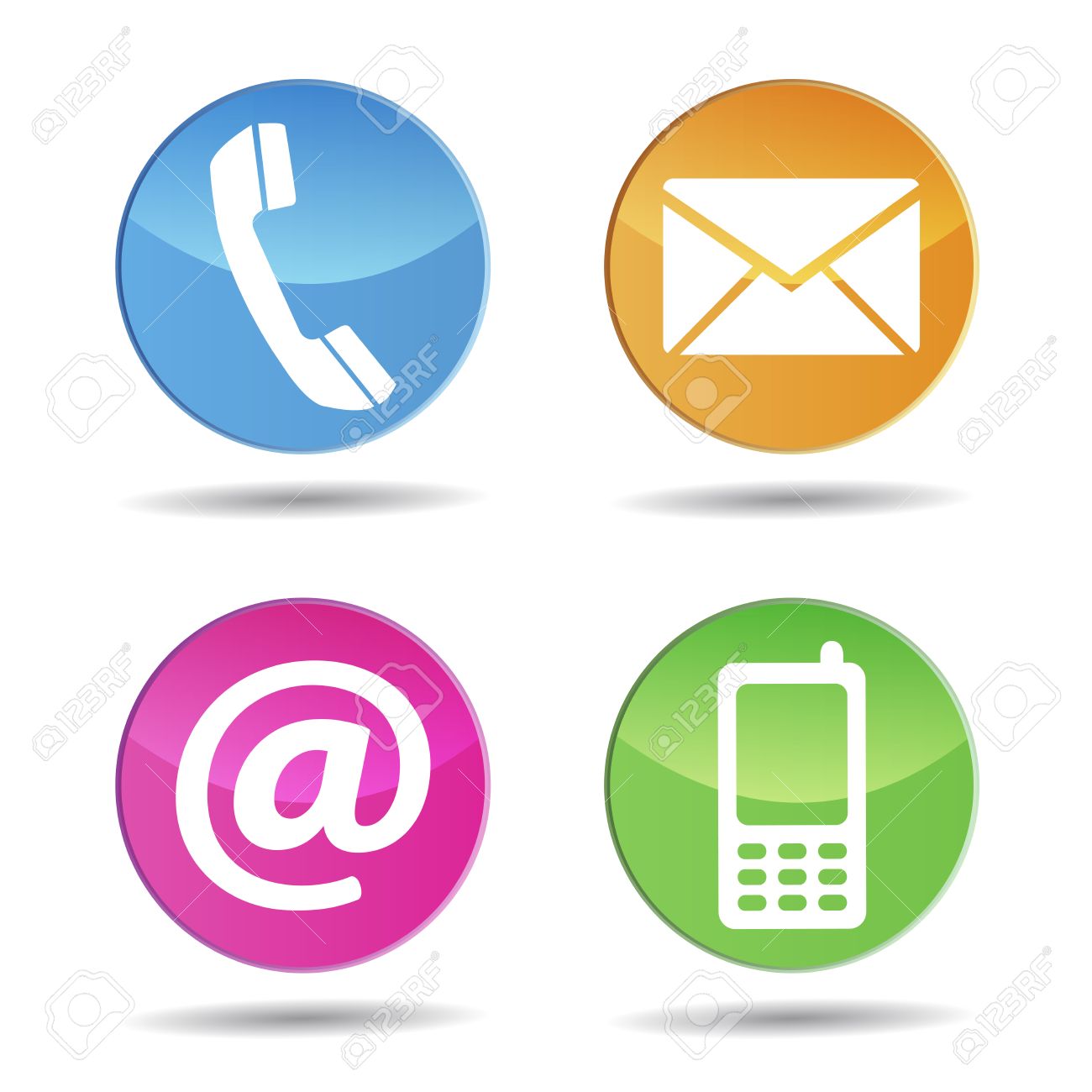 Web and Internet contact us icons and design symbols on colorful circular buttons with glossy effect. EPS 10 vector illustration isolated on white background.